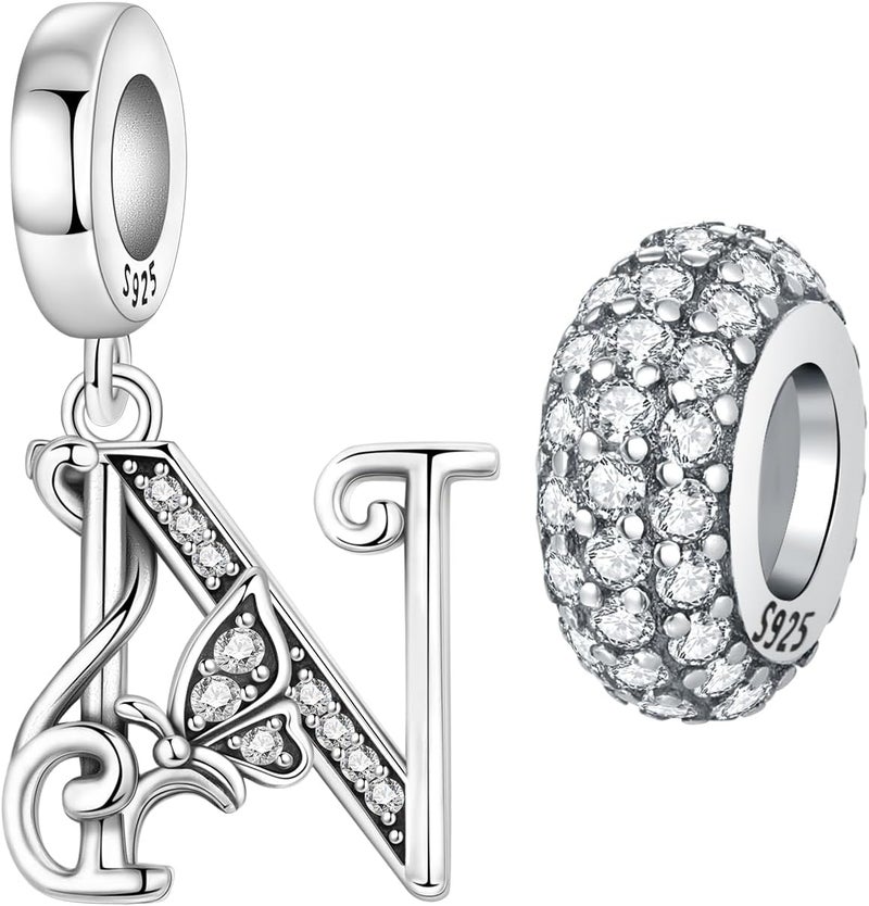 PANPOKI Store 2 Pack 925 Sterling Silver Butterfly Letter Charms for Bracelets and Necklace Alphabet Initial Dangle Pendants Round Spacer Beads Pave Cubic Zirconia Jewelry Gift for Women - Image 1